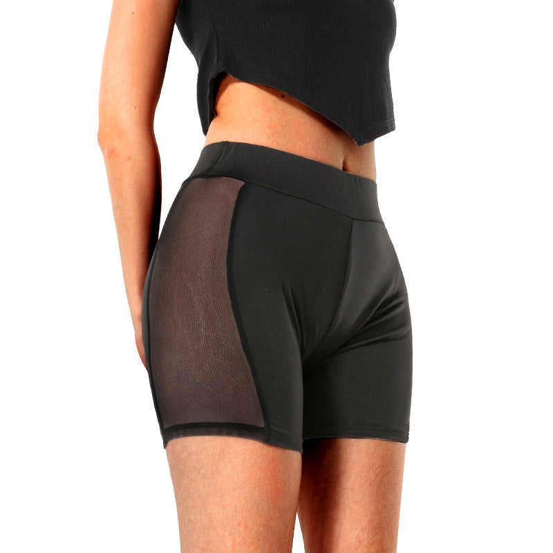 Side Mesh Shorts Solid Color See-through Shorts High Elastic Women's Yoga Pants