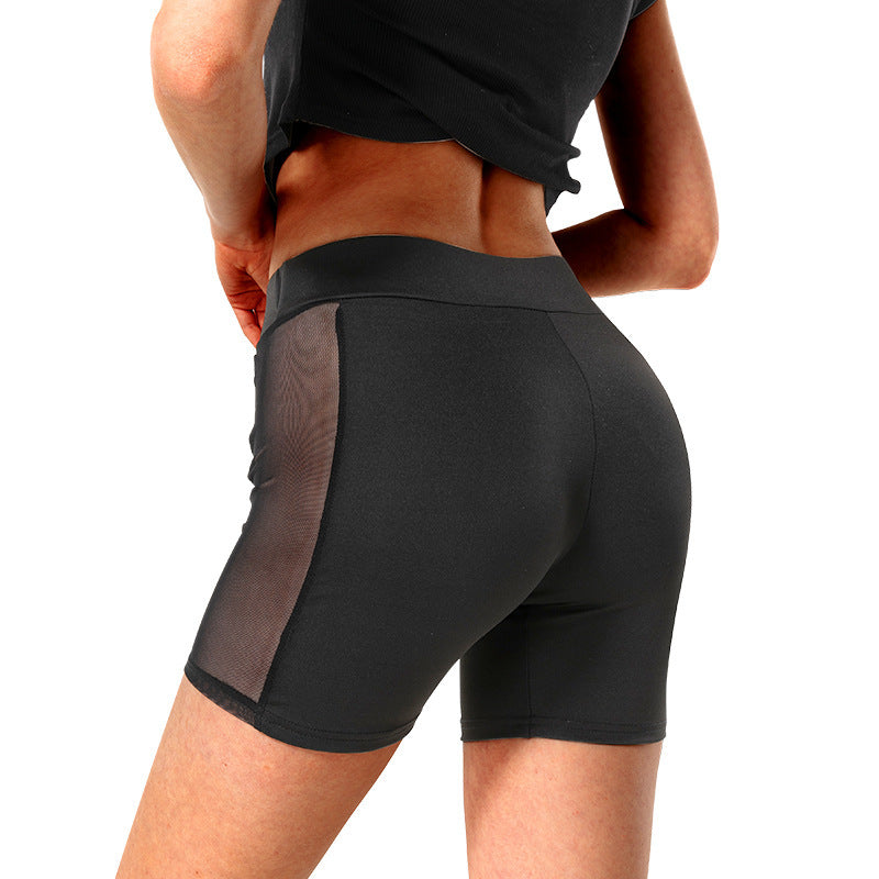 Side Mesh Shorts Solid Color See-through Shorts High Elastic Women's Yoga Pants