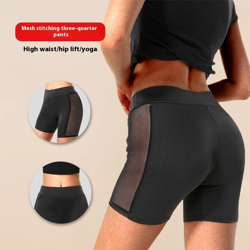 Side Mesh Shorts Solid Color See-through Shorts High Elastic Women's Yoga Pants